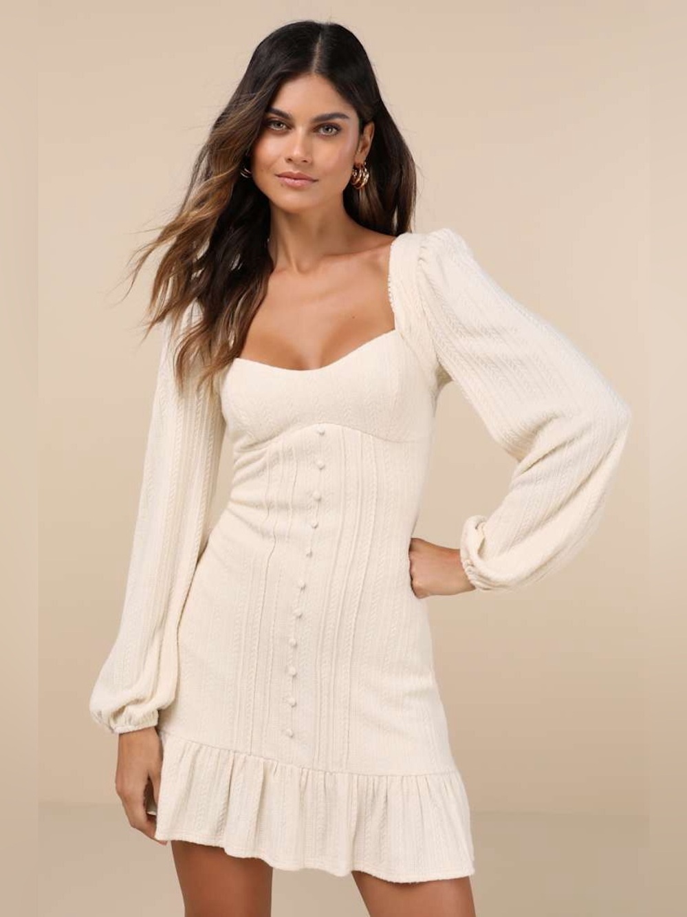 Lulus Coveted Sweetness Cream Pointelle Knit Long Sleeve Mini Dress size Medium